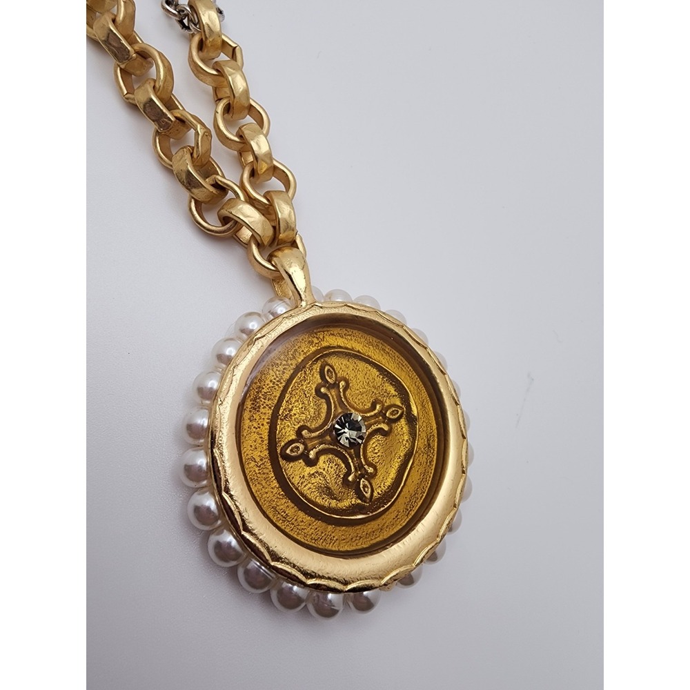 Chico's Gold & Silver Tone Faux Pearl Medallion Cross Pendant Statement Necklace - Picture 10 of 10